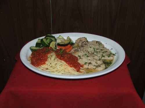 Maiale Al Rosemarino. Pork sauteed, garlic, Rosemary, lemon and a touch of wine.